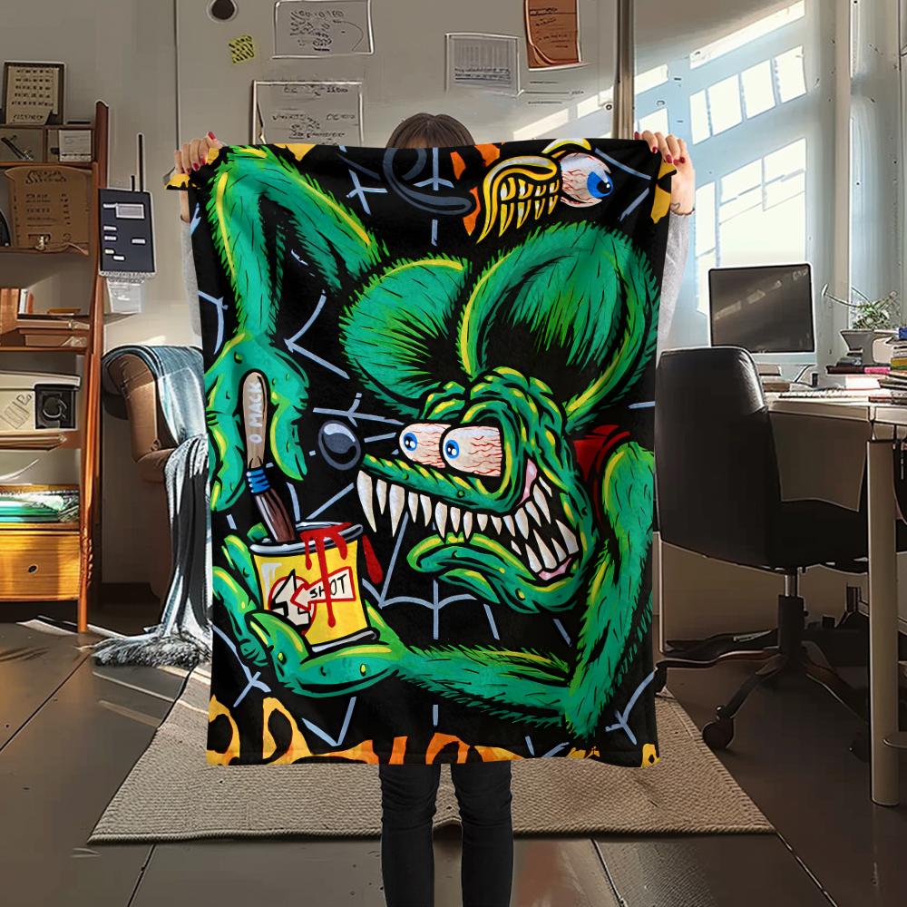 1PC Rat Fink Print Flannel Blanket, High Quality All Seasons, Home Decor, Warmth and Comfort, Perfect for Christmas Gifts