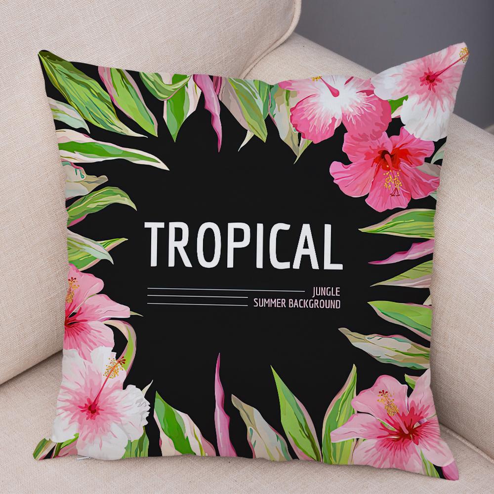 Tropical Floral Cushion Cover Pink Hibiscus Flower Leaf Print Soft Fabric Living Room Sofa Home Decor Pillow Case