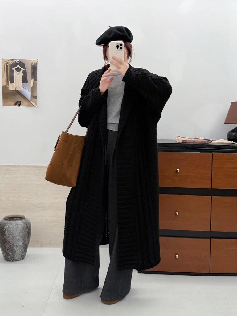 Coffee-Colored Cable Knit Cardigan with Large Lapel - Women's Mid-Length, Loose Fit for Autumn/Winter