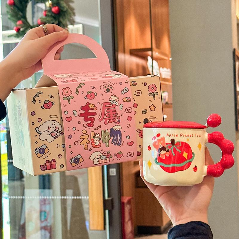 Girl Heart Apple Girl Cup Cute Ceramic Cup with Lid Spoon Girl Large Capacity Coffee Mug Souvenir