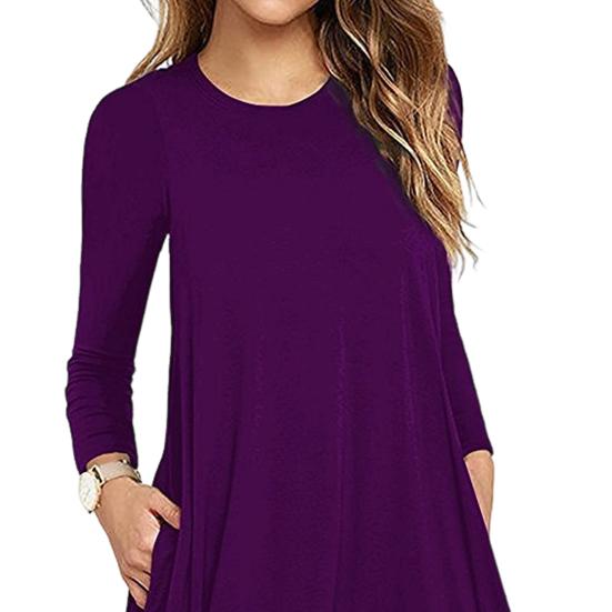 Herbst Frühling Kleid Rundhals A-Linie Taschen Locker Großer Saum Lange Ärmel Minikleid Reine Farbe Casual Dating Shopping Kurzes Kleid
