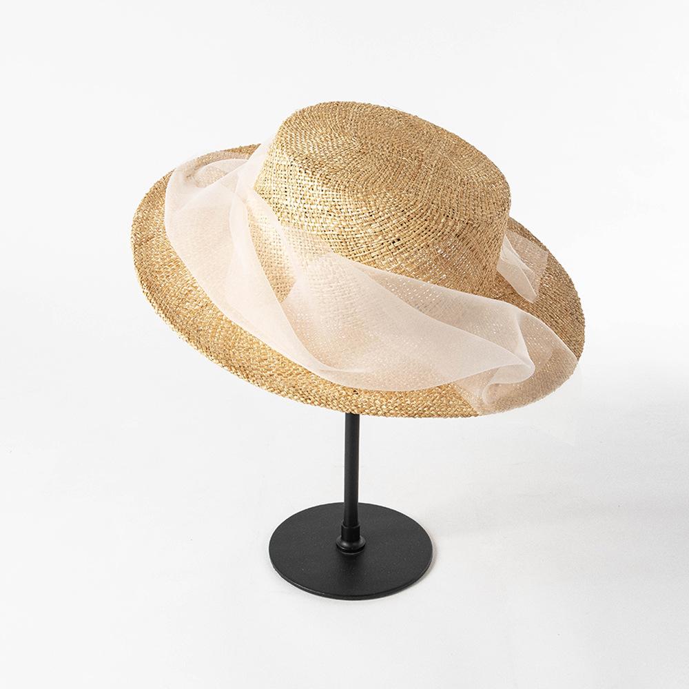 Korejská verze módy retro elegantní síťová gáza plochý cylindr venkovní ochrana proti slunci stínění konkávní styl dámský slaměný klobouk