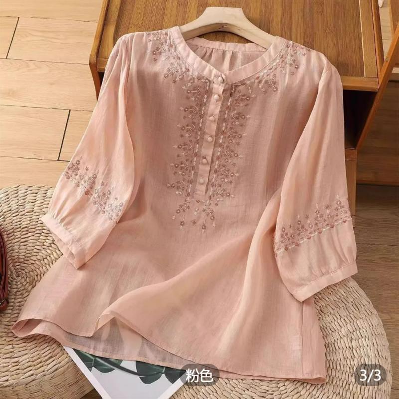 Retro Embroidered Mom Shirt Women s Summer Thin Loose Slimming Five-Quarter Sleeve Round Neck Top Design Sensation XS розовый