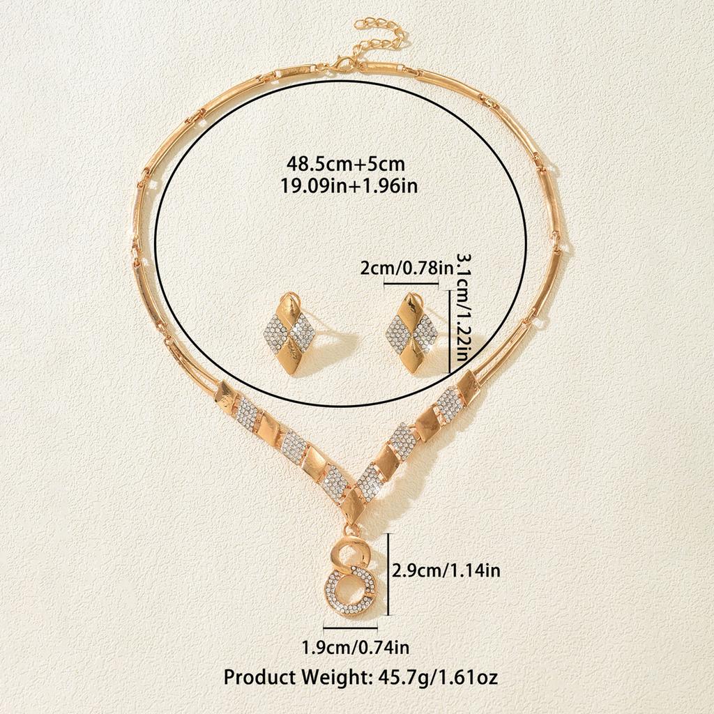 Gold zinc alloy inlaid rhinestone necklace earrings two-piece set for women's jewelry, women's jewelry set with accessories