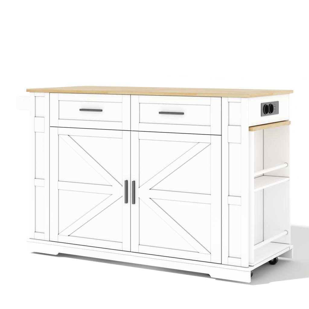 Kücheninsel mit ausziehbarer Arbeitsplatte, 120×50×93cm, Steckdosenleiste, 2 Schubladen, Doppeltürschrank, verstellbarer Einlegeboden, Handtuchhalter & 7 Rollen, Weiß/Eiche