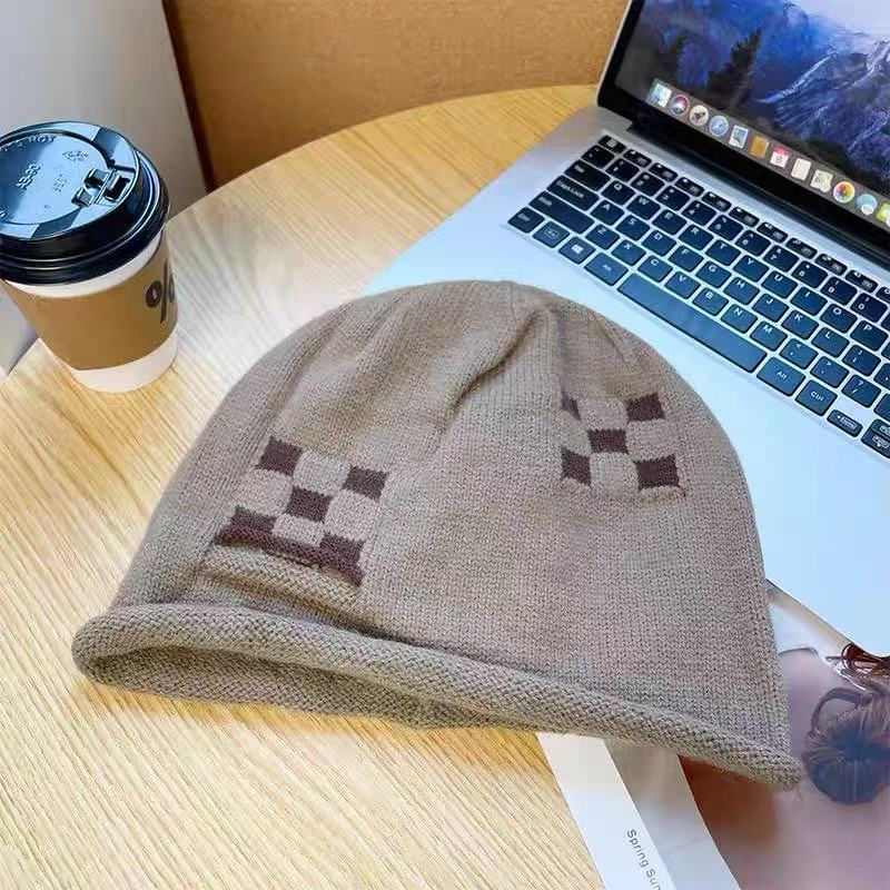 Autumn and Winter New Drawstring Checkerboard Knitted Wool Hat Women's Stacking Hat Big Head Circumference Versatile Bag Head Cold Hat