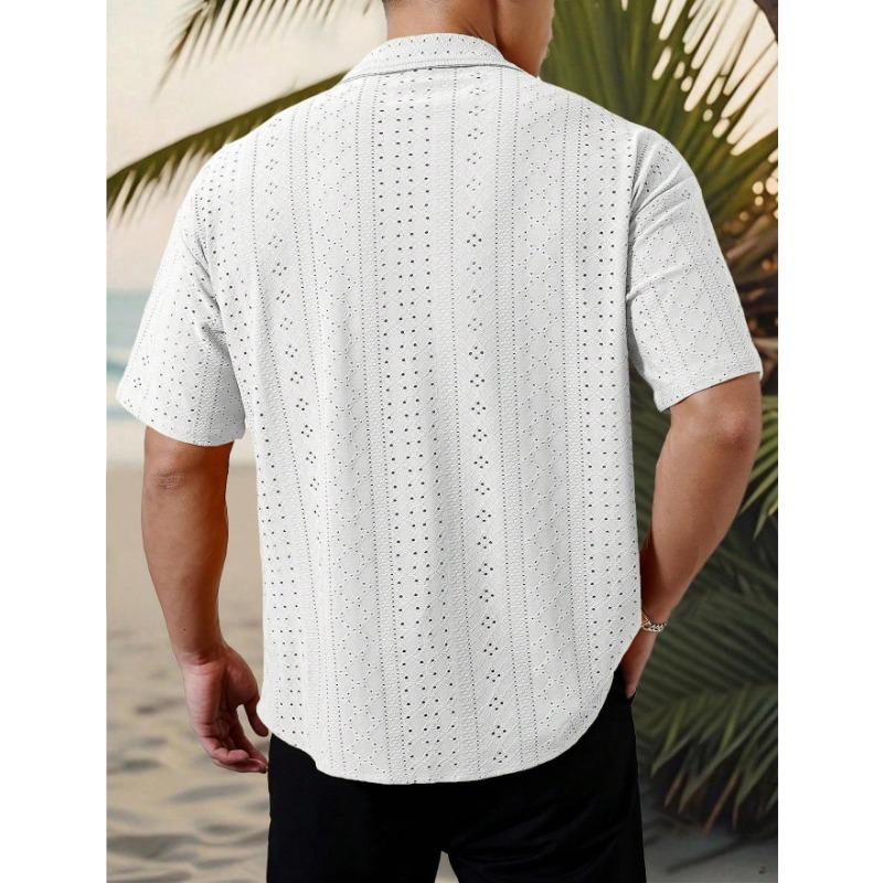 Men Notch Collar Short Sleeve Shirt Hollow Eyelet Jacquard Textured Full Button Loose Vacation Breathable Casual Blouse