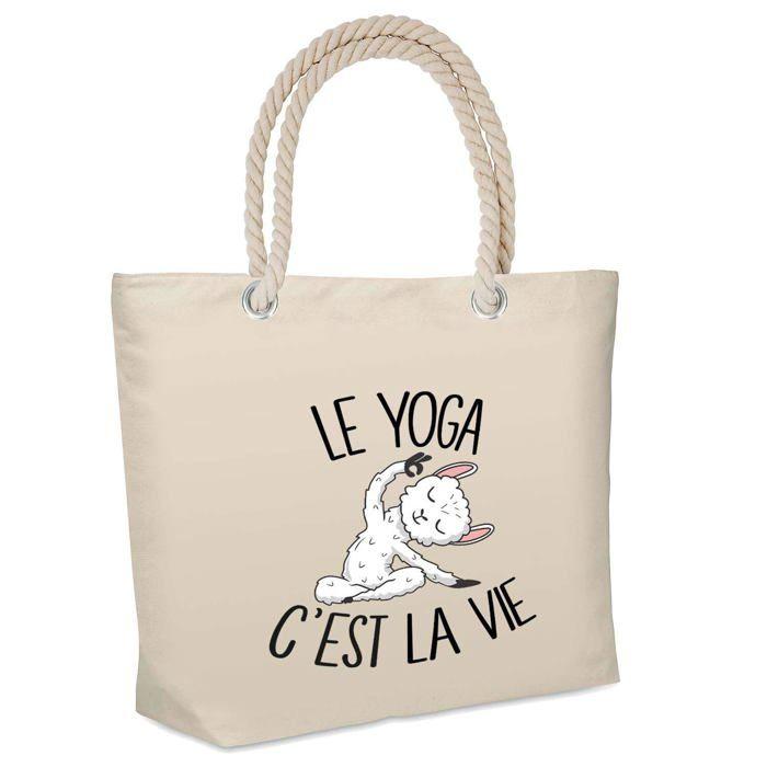 Sac de plage - PLANETEE - Yoga C'est la vie - Isotherme souple - Coton beige - Imprimé en France