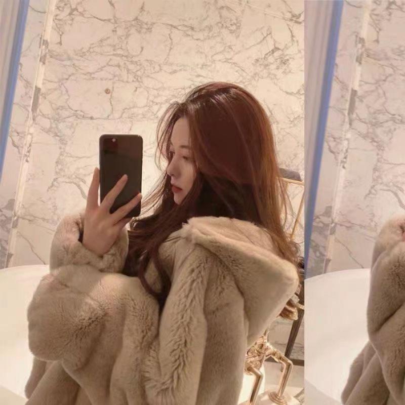 Korean Version, Faux Fur Jacket, Women, Autumn and Winter, Loose Fit, Faux Otter and Rabbit Fur, Thickened with Plush, Stand Up Collar, Zipper Hoodie