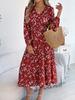 Women Elegant Floral V Neck Long Sleeve High Waist Ruffled A Line Long Dress