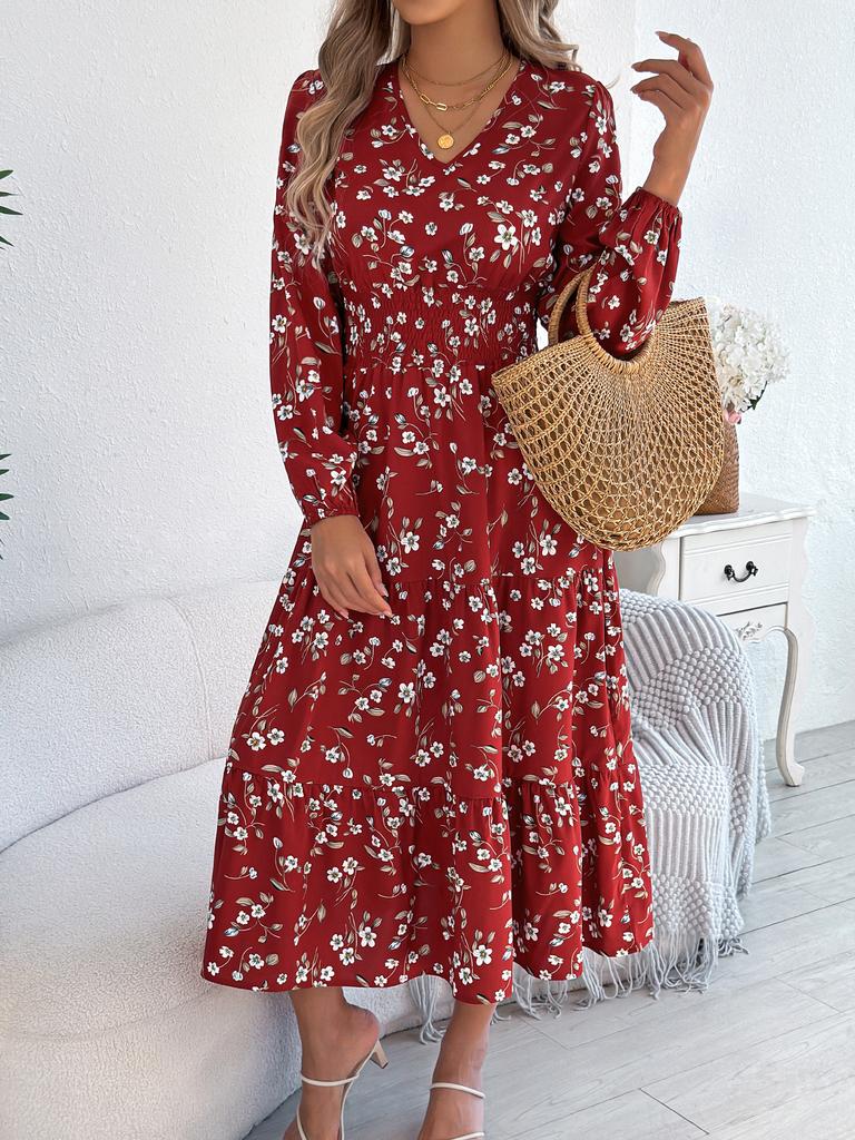 Women Elegant Floral V Neck Long Sleeve High Waist Ruffled A Line Long Dress