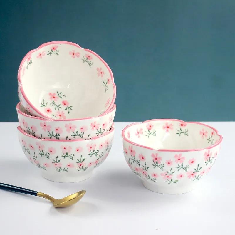 Charming Floral Ceramic Tableware Set: Underglaze Soup & Noodle Bowl, Deep Plate, Flower-Shaped Rice Bowl