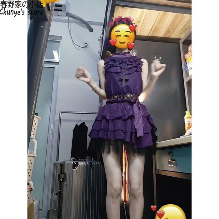 2026 New Purple Satin Lace Neck Dress Female Summer Spice Girl Waist Cake Vintage Dress Skirt S