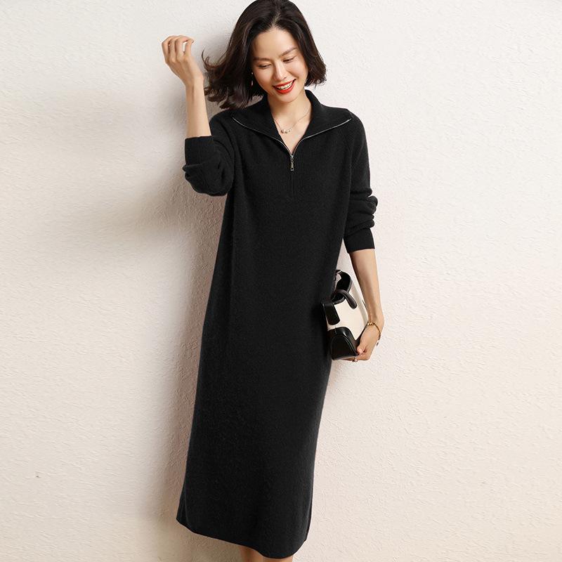 Women's 2024 Autumn Half-Zip Lapel Cashmere Wool Knee-Length Knit Dress