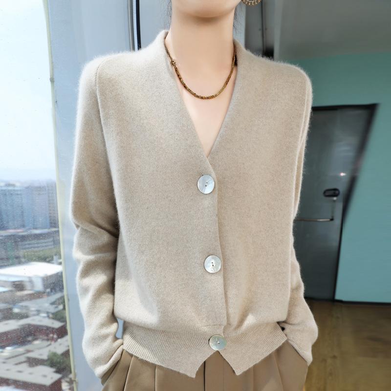 Autumn and Winter Wool Sweater Long-sleeved V-neck Casual Cardigan Women's Loose and Thin Jacket Top