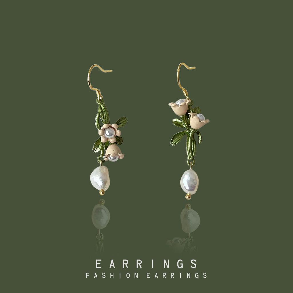 

Handcrafted Asymmetrical Lily of the Valley Earrings with Freshwater Pearls & 925 Silver