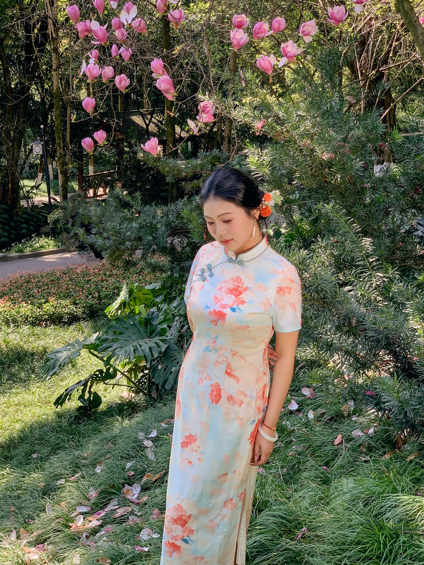 

Two-Piece Qipao Set - 2026 Summer Floral, Young Style, Plus Size L (55-65 kg) розовый