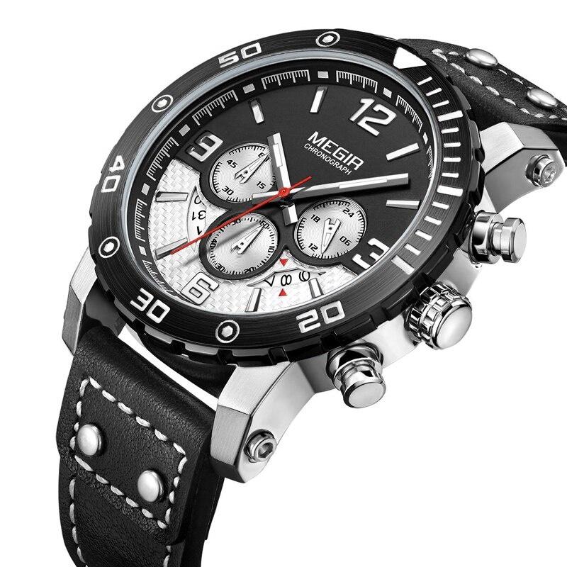 Men Casual Chronograph Watch Leather Strap Army Military Wristwatches Waterproof Luminous Quartz Watch