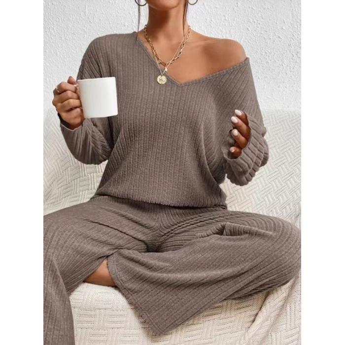 Women's Set of Loose Casual Long-sleeved V-neck Pit Striped Brushed Top and Trousers 2-piece Set