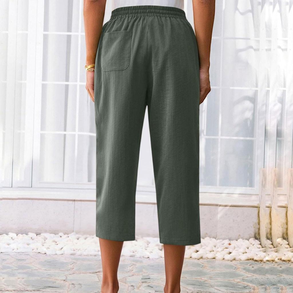 Women's Fashionable Loose-Fit Pocket Cotton-Linen Blend High-Waisted Wide-Leg Pants Casual Cropped Trousers