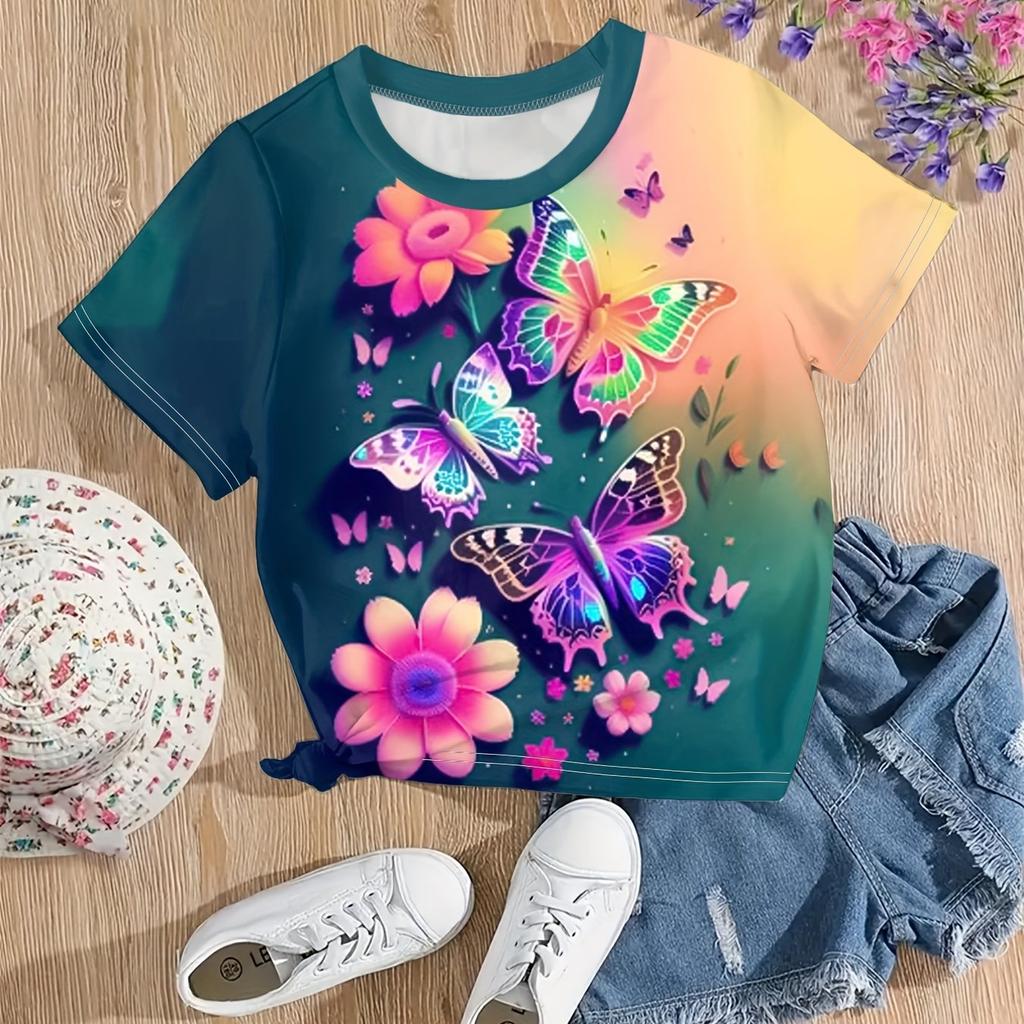 Kids Clothes Girl T-Shirt Short Sleeve Cute 3D Butterfly Print Children Summer Clothes Cartoon Outdoor Girls Clothing O-Neck Top
