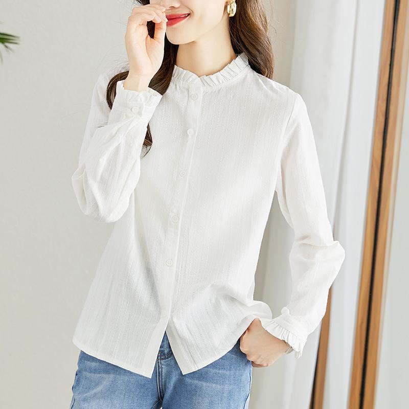 White Shirt for Women Long-sleeved Spring Clothes New Style Wood Ear Collar Top Slim and Slim Cotton Women's Shirt