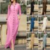 Women's Shirt Collar 3/4 Sleeve Linen Blend Maxi Dress Solid Button Front Side Slit Long Shirt Dress With Pockets 2023 Fall
