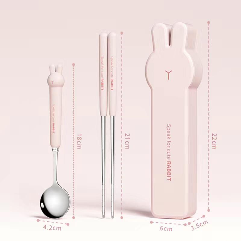 Conjunto de Talheres Portátil de Aço Inoxidável 304 Estilo Inspirado Desenho Animado: Colher, Garfo e Hashis para Estudantes e Trabalhadores de Escritório