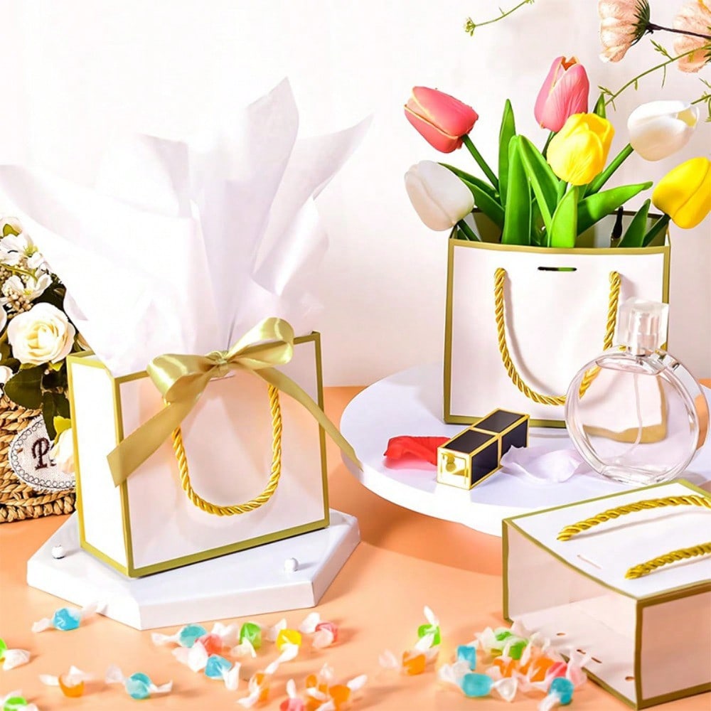 12pcs Small Gift Bags with Handles, White Gold Mini Bags, 5.51x 2.36x4.72 Inches Small Thank You Gift Bags Bulk with Ribbon