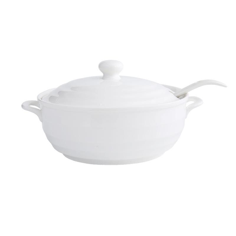Double Ear Ceramic Soup Bowl Set with Lid - Microwave Safe, Includes Large Spoon and Tureen, Pure White, Creative Design (8 Bowls)