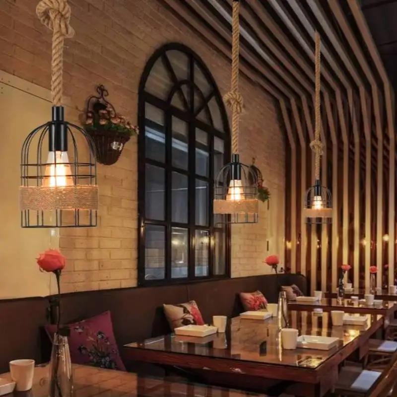 Vintage Hemp Rope Pendant Lamp Creative Restaurant Living Room Lighting Decoration Industrial Pendant Lamps Decor Light fixtures