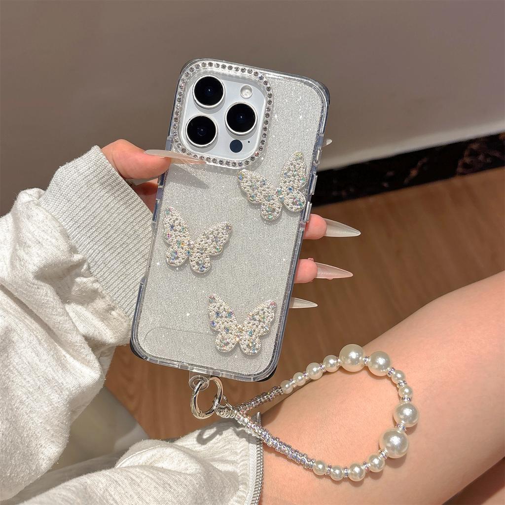 Für iPhone 16 Pro Hülle Glitzer Strassstein Dekor Schmetterling TPU + PC Handyhülle mit Perlenband