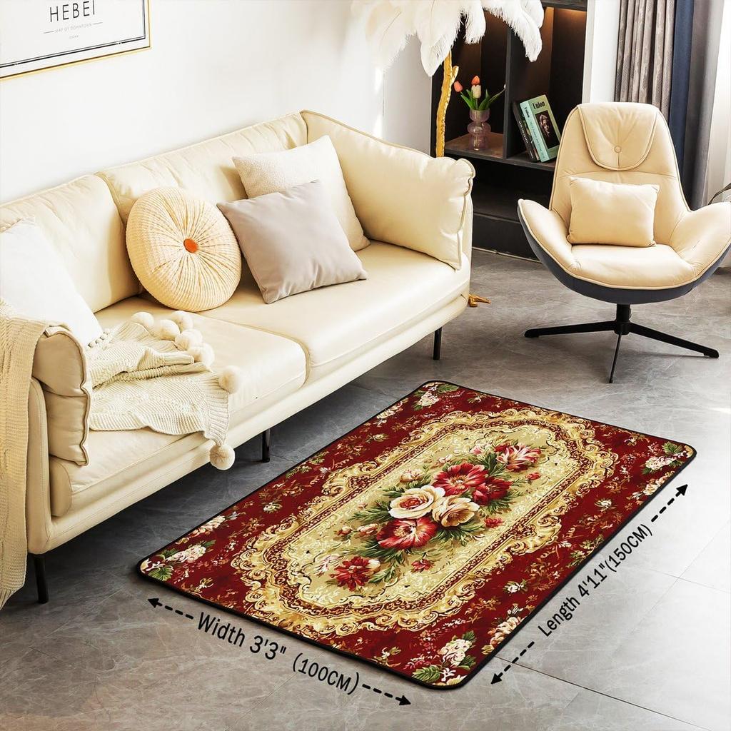 Antique Ornate Themed Rug, Red & Beige Floral Medallion Non-Slip Floor Mat for Bedroom Living Room Farmhouse Decor Carpet