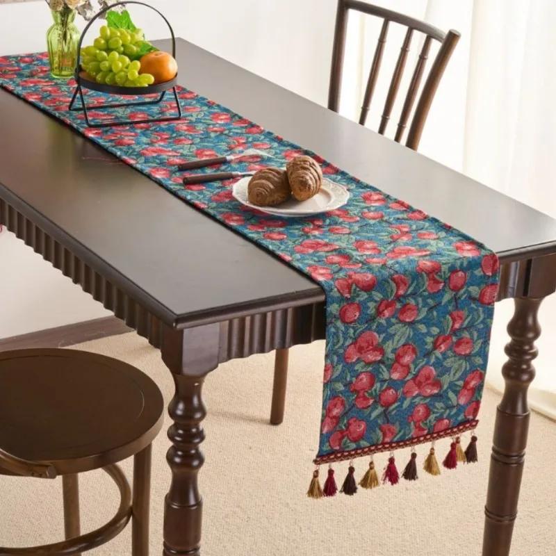 Chinese Style Vintage Tassel Table Runner Jacquard Living Room Bed Tail Coffee Dining Table Decoration Accessories Rustic Decor