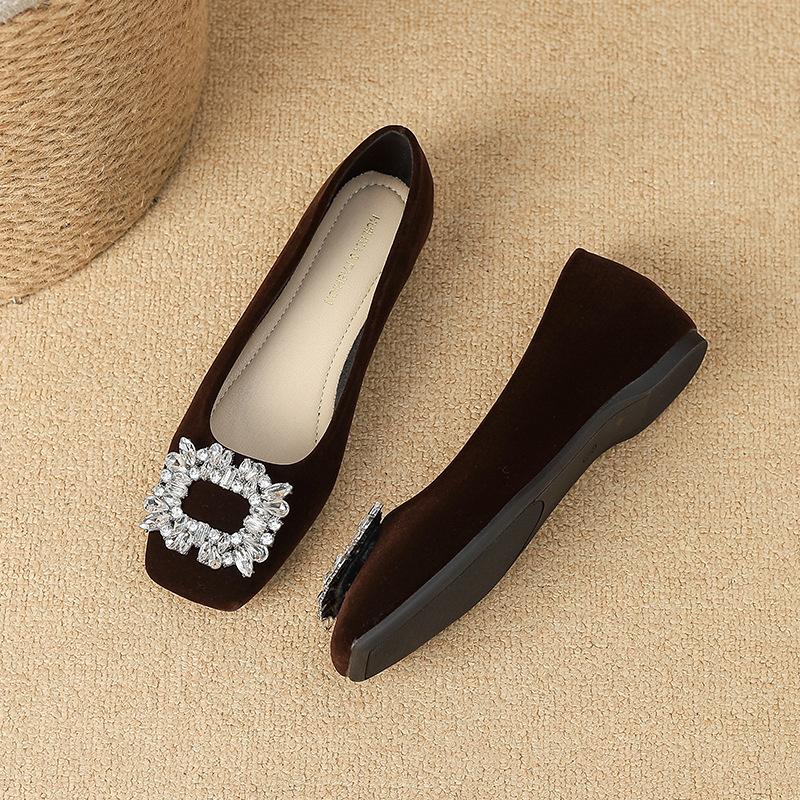 

W066-2 French 2025 autumn and winter new French black square head temperament single shoes rhinestone versatile commuter women s shoes 40 коричневый
