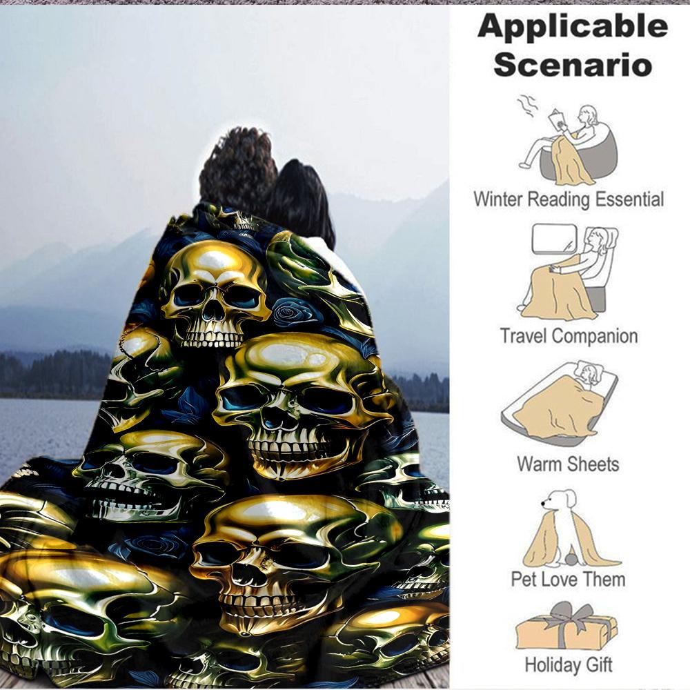 1pc Skulls Roses Blanket, Lightweight Flannel Throw Blanket For Sofa, Bed, Travel, Camping, Living Room, Office, Couch, Chair, And Bed