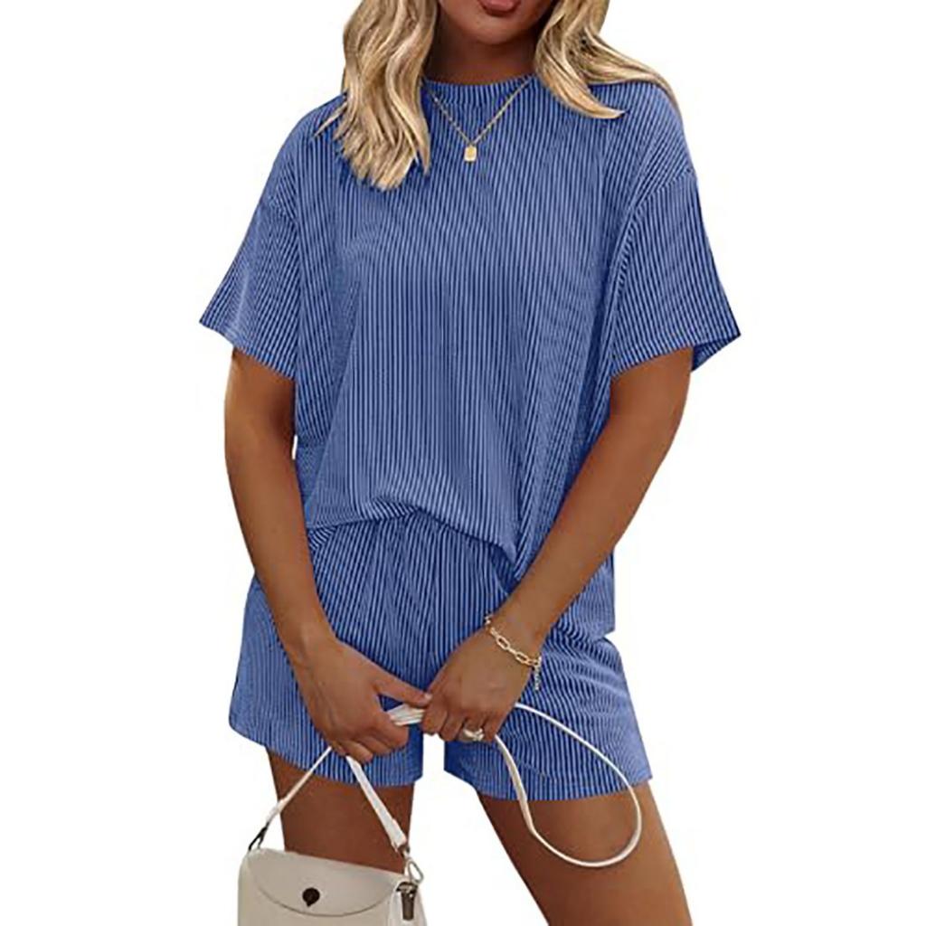 Stylish Striped Color-blocked Short-sleeved Loungewear Set For Women, Suitable For Wearing Outside.