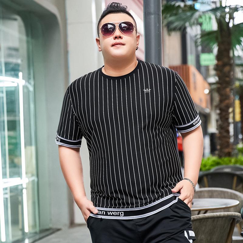 Trendy Brand Men's Summer Plus Size Short-sleeved Round Neck T-shirt Vertical Stripes Casual Fat Man Oversized T-shirt