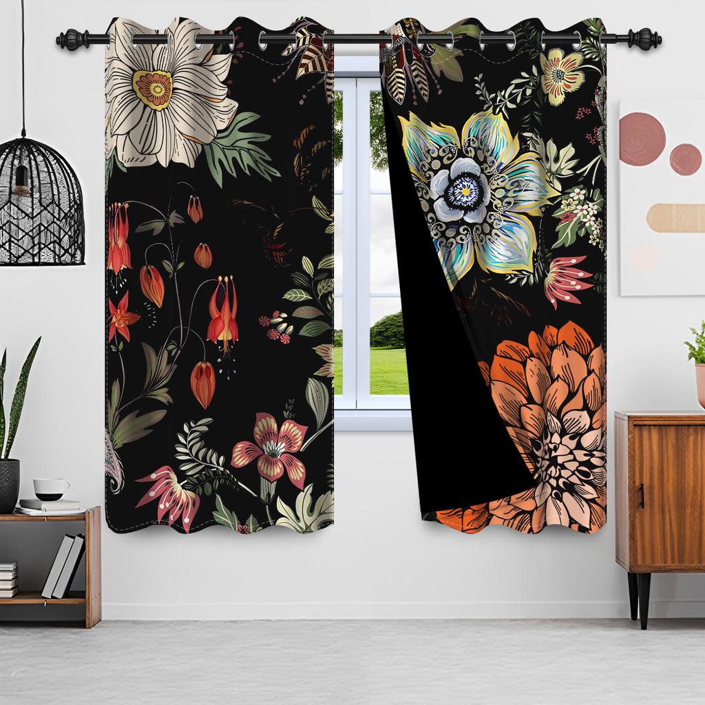2Pcs/Set Boho Floral Blackout Curtains For Bedroom Vintage Bohemian Tropical Flowers Interior Curtains Grommet Top Window Drapes