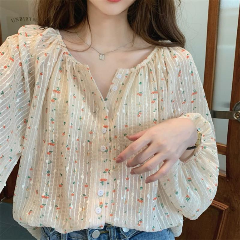 Early Spring and Autumn Small Fresh Chiffon Floral Shirt Women's Design Sense Niche Chic Thin Hong Kong Style Long-sleeved Shirt Summer