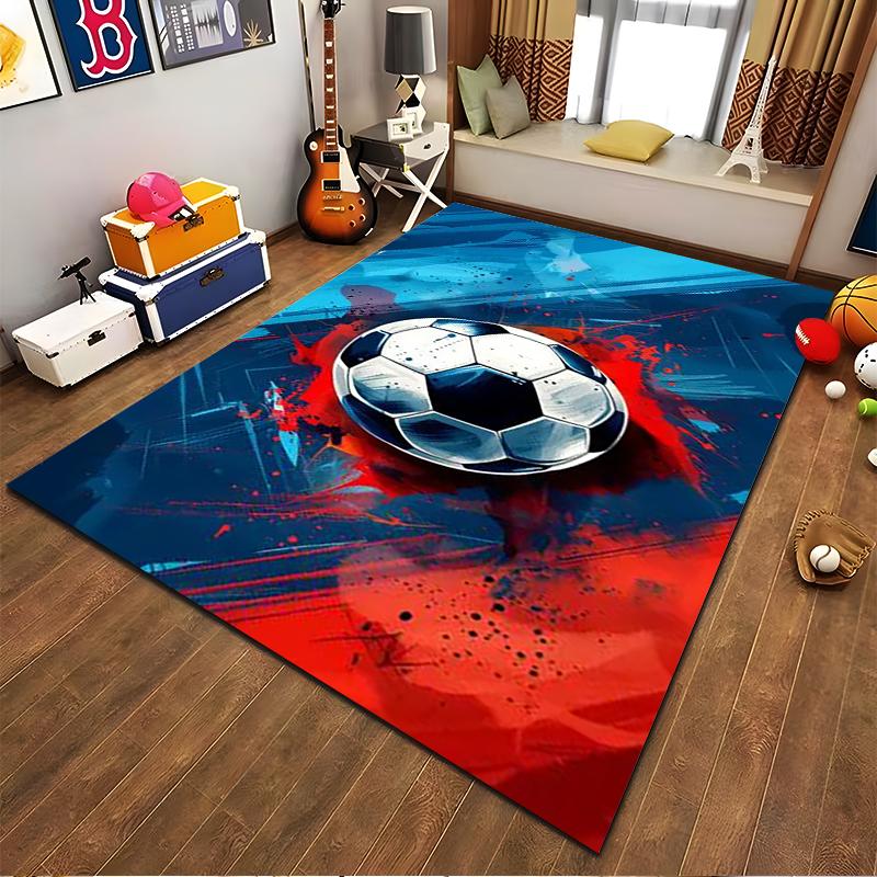 Soccer Ball Carpet with Red and Blue Abstract Design, Modern Style Suitable for Use As an Anti-slip for Living Room Bedroom Sofas