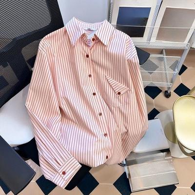 Pink Striped Women's Shirt French Style Loose Flip Collar Single Breasted Pocket Blouse Casual Fashionable Famale Long Sleeved Top