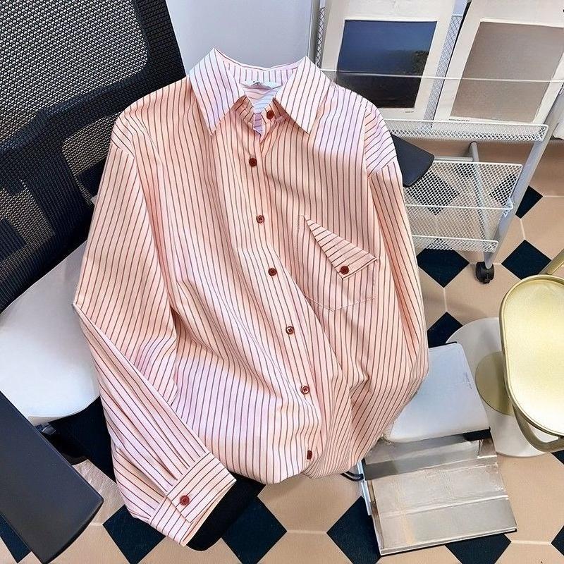 Pink Striped Women's Shirt French Style Loose Flip Collar Single Breasted Pocket Blouse Casual Fashionable Famale Long Sleeved Top