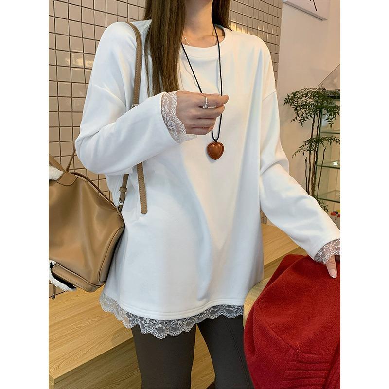 Long-sleeved Bottoming Shirt for Women Spring New Style Lace Splicing Loose Round Neck with Chic T-shirt Top