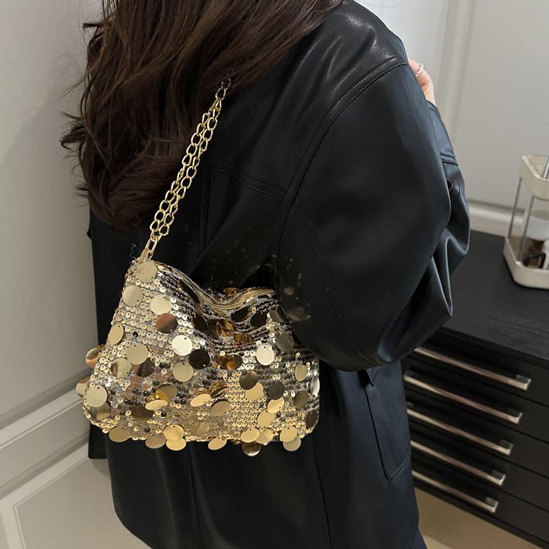 Sequin Evening Party Shoulder Bag for Women Lightweight Chain Crossbody Bag Solid Color Casual Female Handbag Fashion Trendy