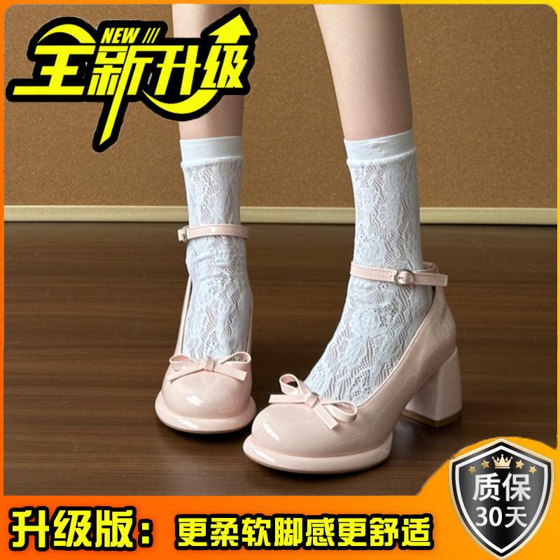 Single shoes high heels bow lace single shoes women's summer sweet platform leather shoes Lolita thick heel Mary Jane shoes