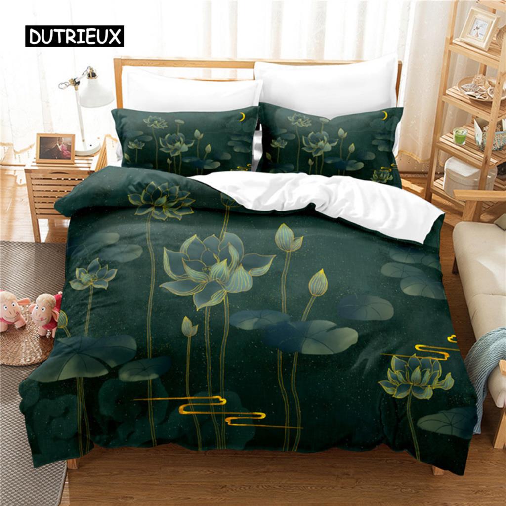 Lotus Floral Duvet Cover King Microfiber Water Hibiscus Bedding Set Flower Leaves Quilt Cover Nature Art Theme Bedspread Cover