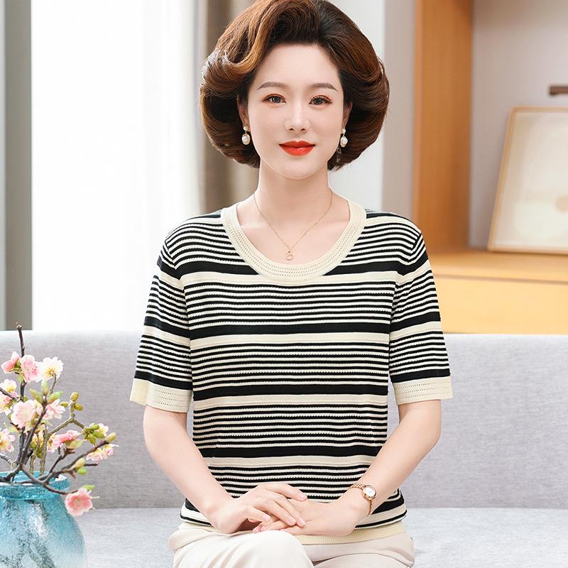 

Mother s Day Summer Ice Silk Striped Knit Shirt - Short-Sleeved Loose Top for Middle-Aged and Elderly Women 3XL (120-135 jin)