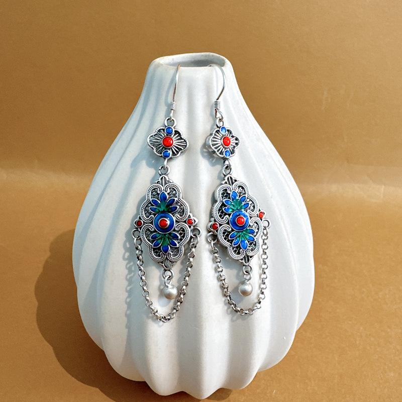 S925 Silver Enamel Color Flower Fringed Earrings Retro Ethnic Style Exquisite Antique Temperament Handmade Hollow Earrings