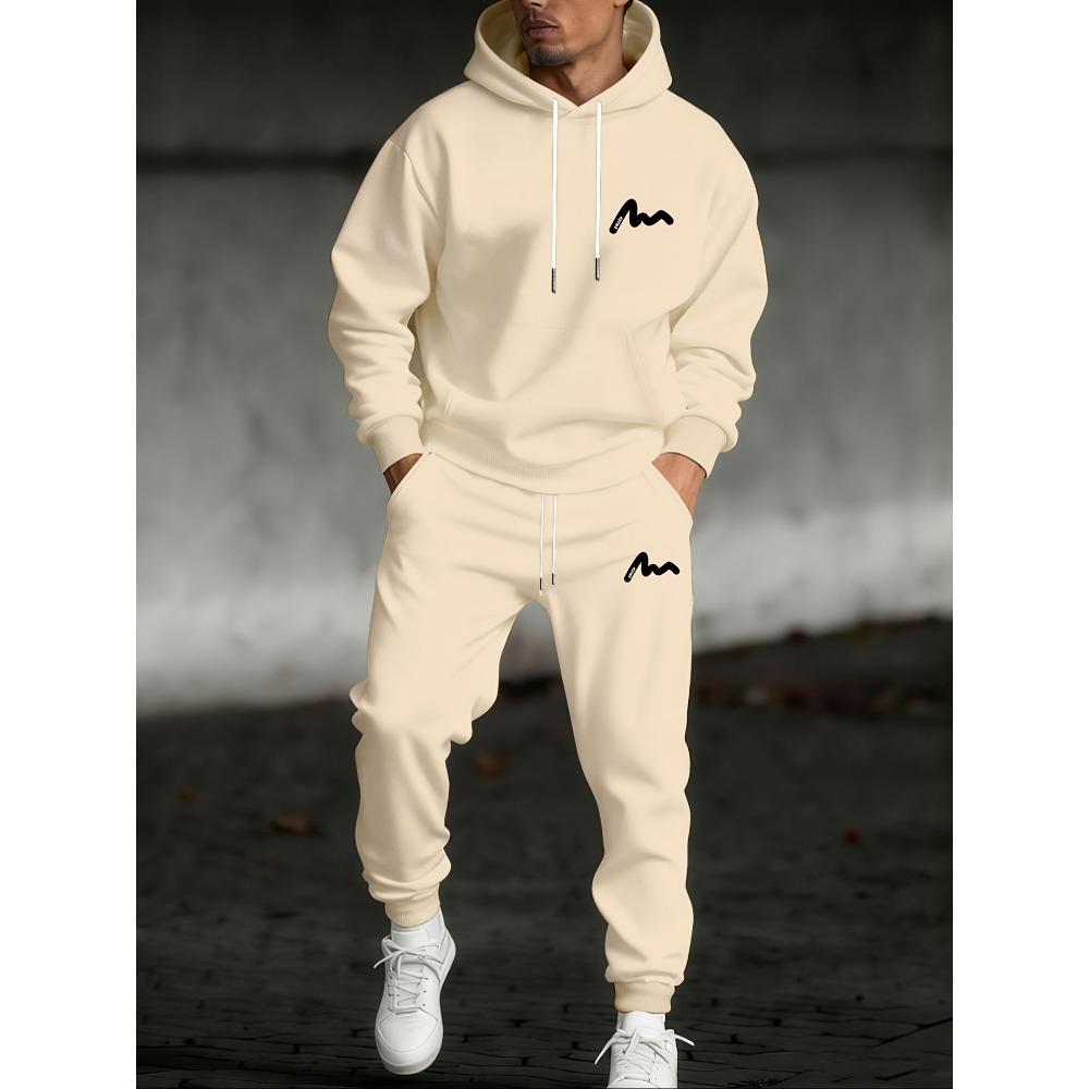 Fashionable Casual Men's Set, Printed Drawstring Pocket Hoodie and Drawstring Outdoor Casual Sports Pants Set, Cool Set
